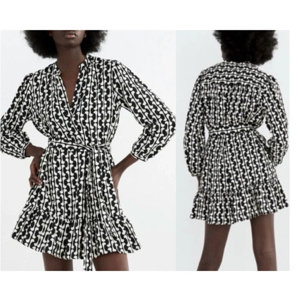 Zara The Paula Black Geometric Ruffled Swing & Trapeze Mini Dress -37333